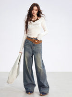 Leather-Patch Wide-Leg Denim Pants