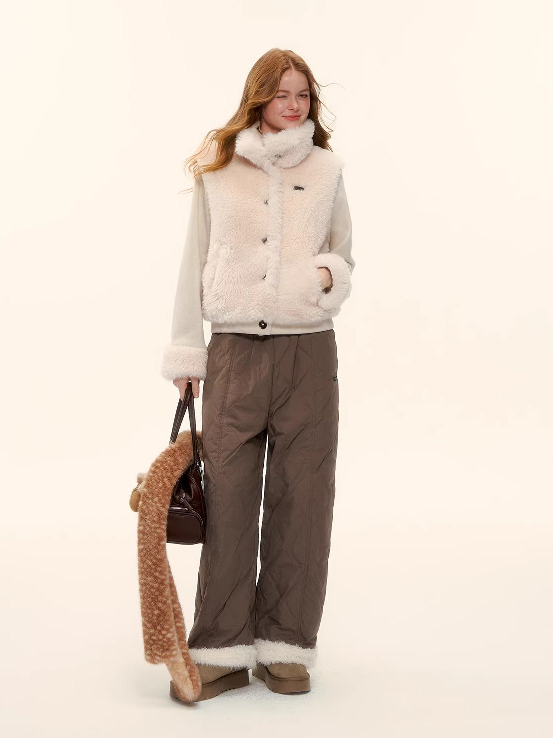 Eco-Faux Fur Knit Stand Collar Jacket