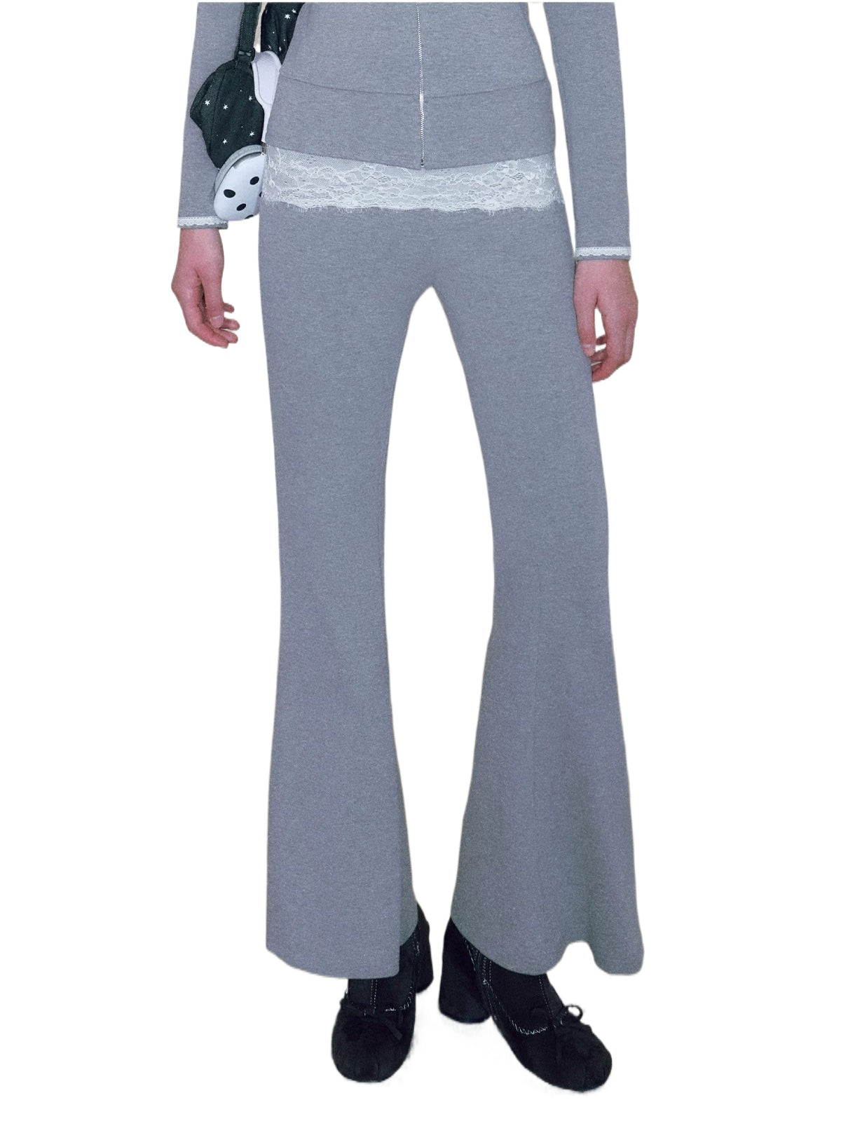 Gray Lace Panel Flared Pants