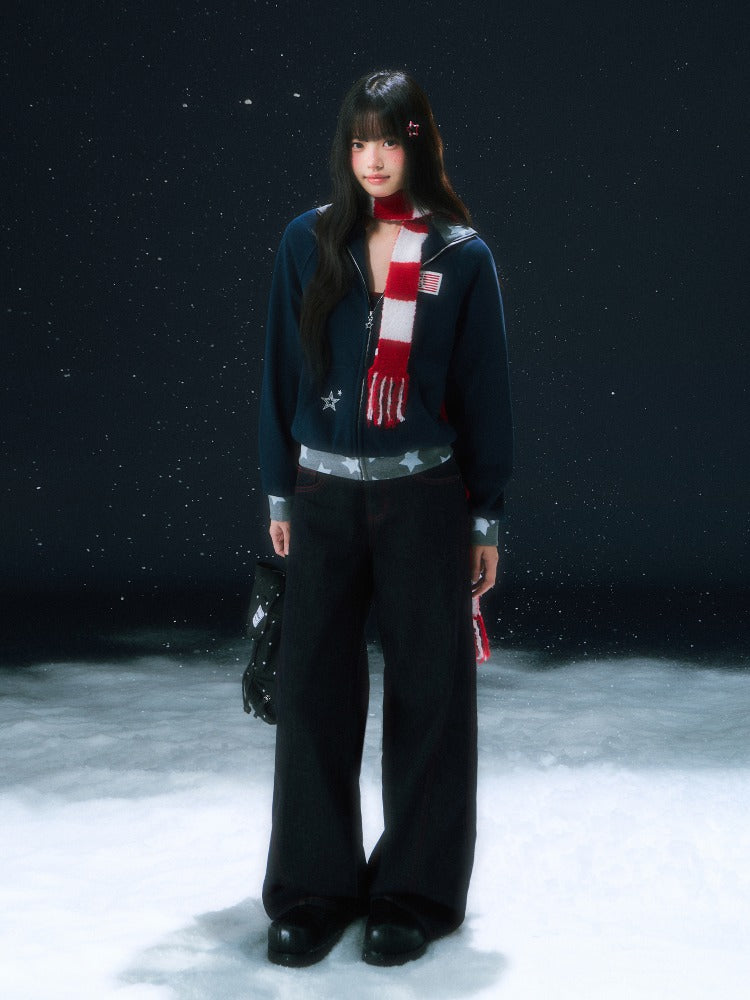 Dark Blue Contrast Star Short Sweatshirt