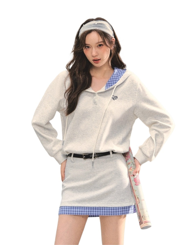Gray Floral Checkered Patchwork Hoodie Dress