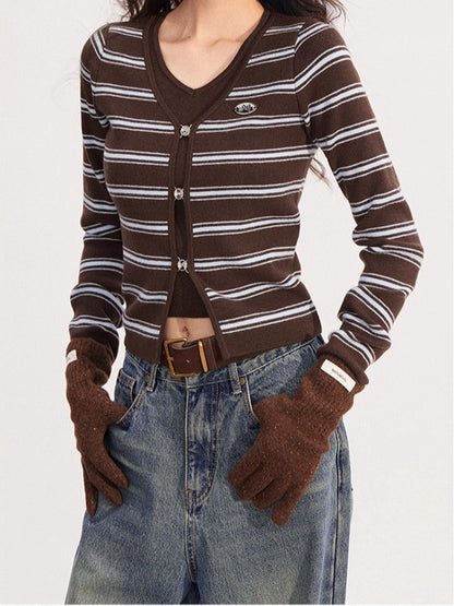 Fake Two-piece V-neck Striped Knit Top