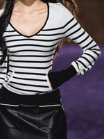 Striped V-Neck Epaulet Long-Sleeve Tee