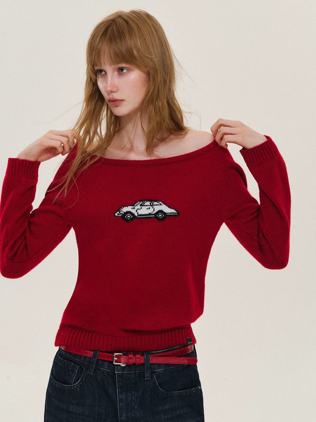 Car Motif Off Shoulder Sweater