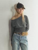 Striped Asymmetric Neck Layered T-Shirt