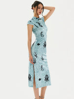 Light Blue Ink Floral Qipao Dress