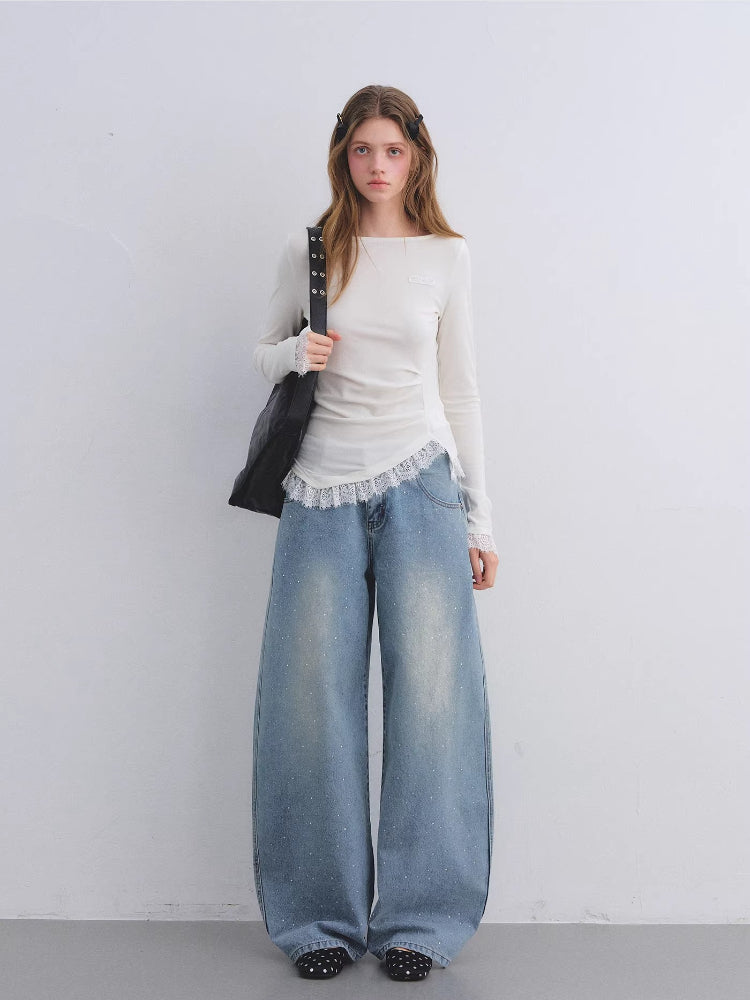 Blue Rhinestone Curved Leg Jeans