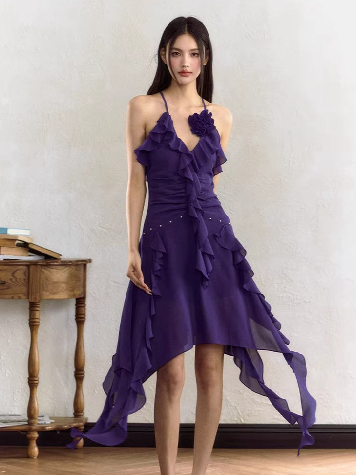 Rose Ruffle Irregular Hem Camisole Dress