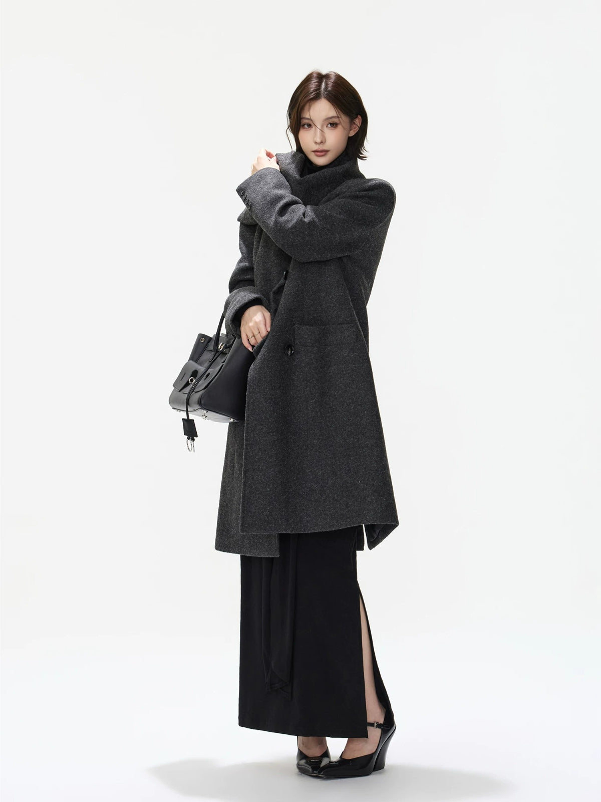 Detachable Scarf Double Breasted Wool Coat