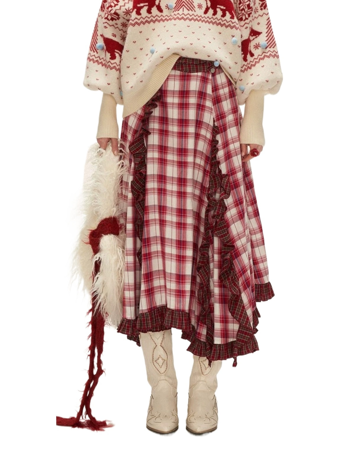Asymmetric Ruffle Plaid Midi Skirt