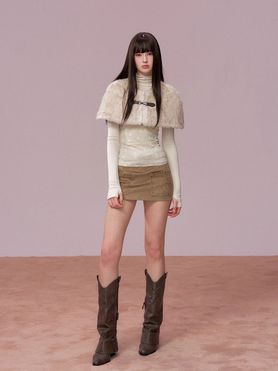 Fur Collar Cape-Style Wool Coat