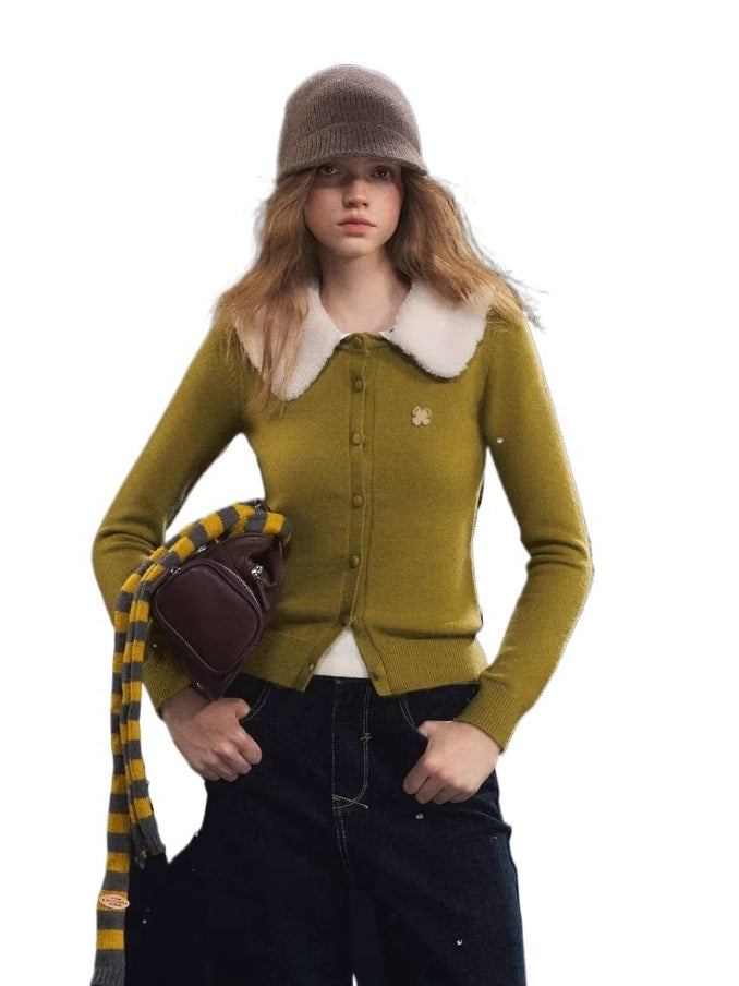 Green Detachable Fur Collar Cardigan