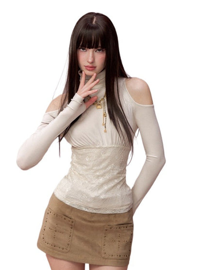 Lace Cold-Shoulder High Neck Long Sleeve Top