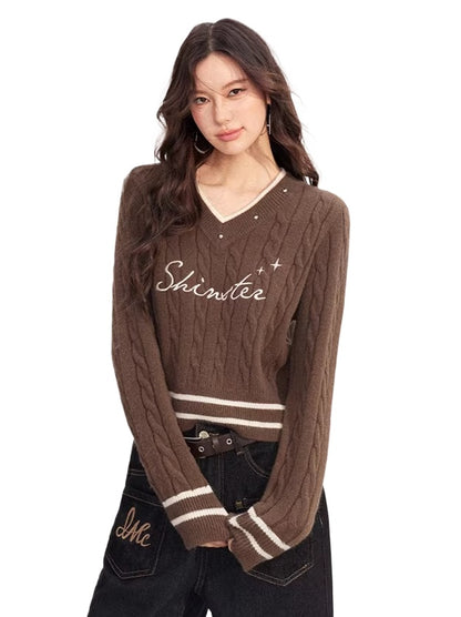 Color Block Stripes V-neck Embroidered Sweater