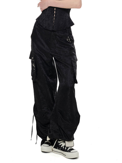 Black & Pink Jacquard Cargo Pants