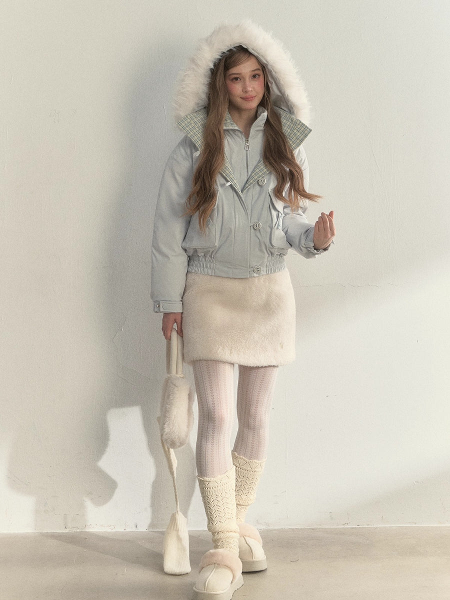 “Flowing Glacier” Patchwork Down Jacket with Fur Collar