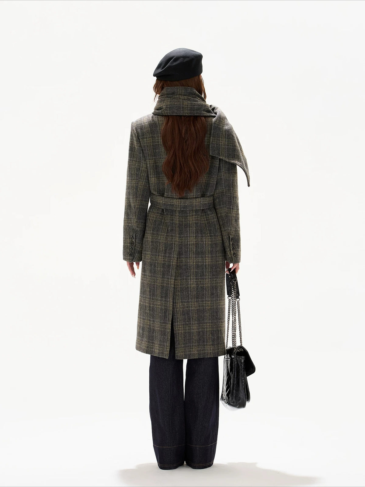 Gray Plaid Detachable Scarf Wool Coat