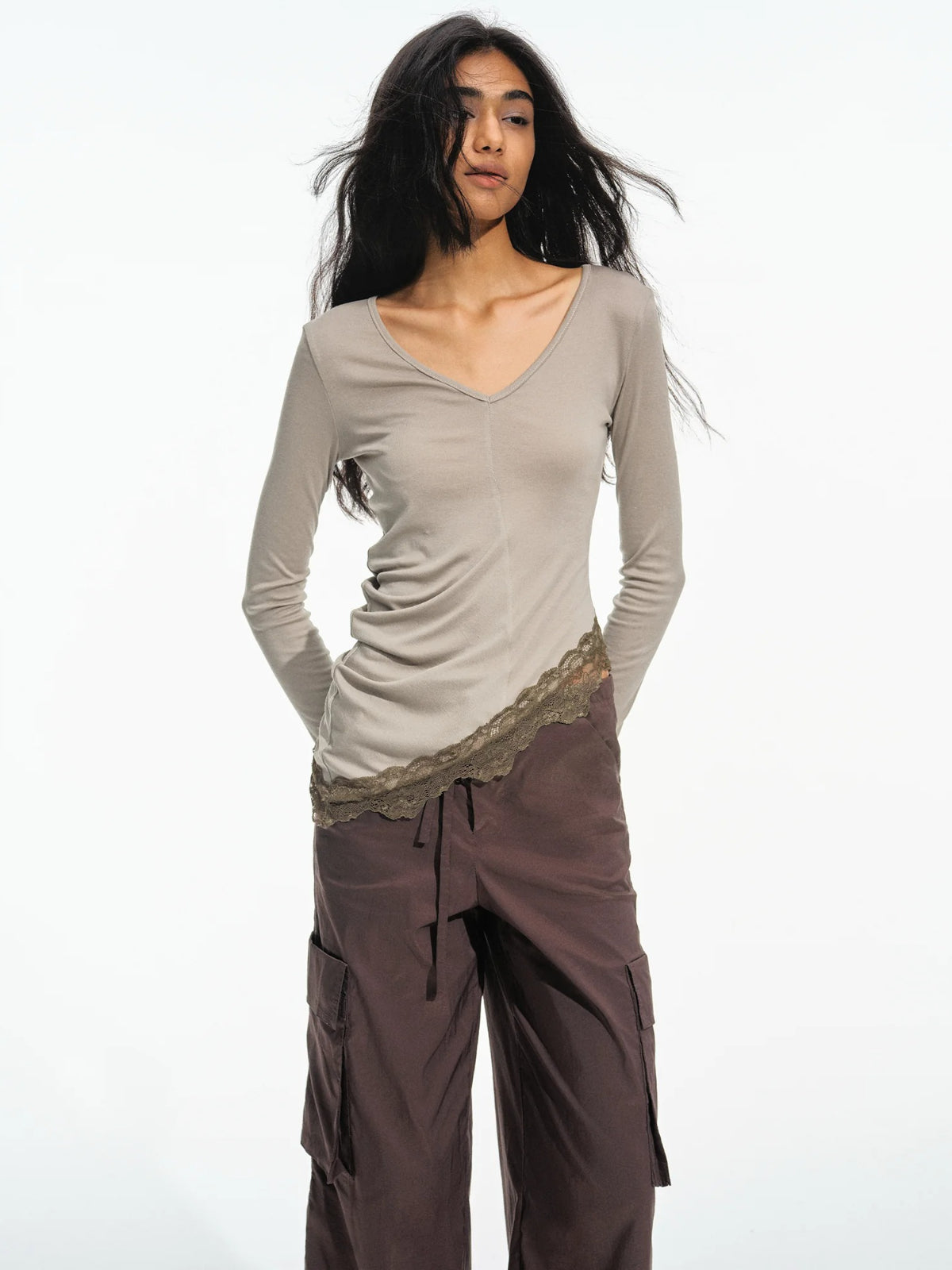 Asymmetric Lace Hem Long Sleeve Top