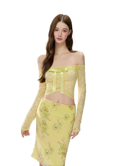 Yellow Butterfly Off-Shoulder Set