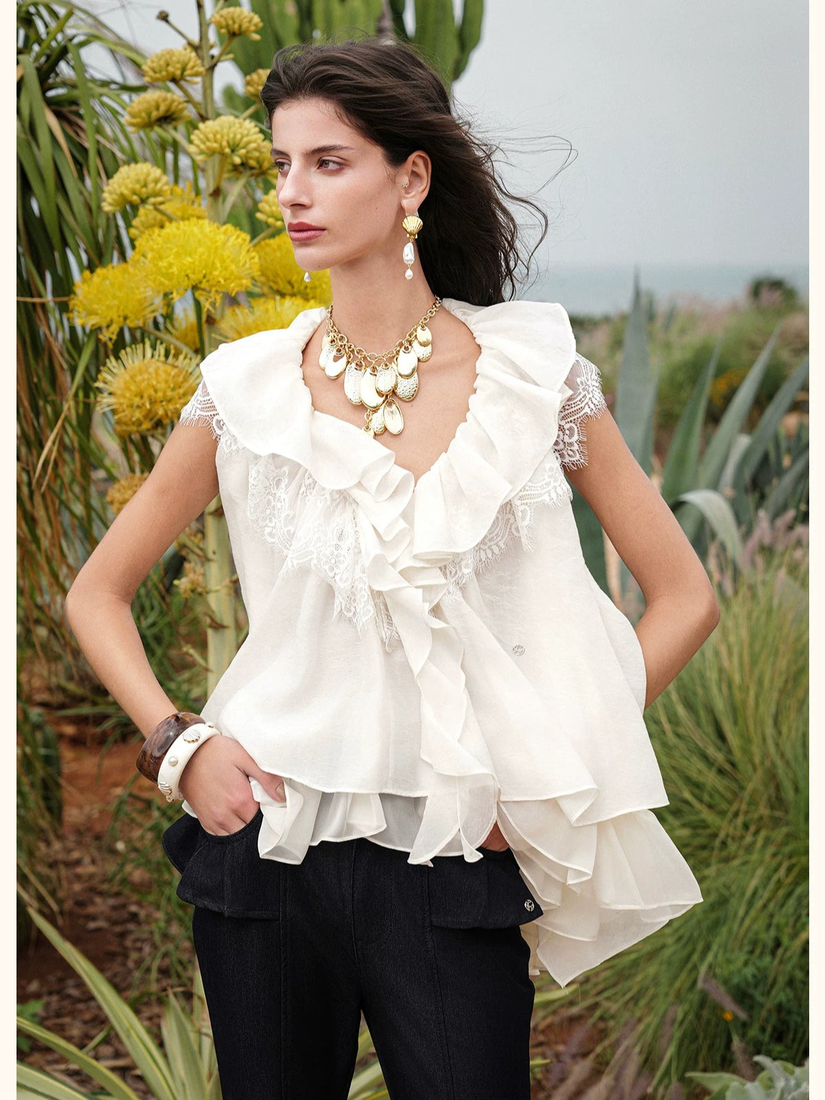 Ruffle V-Neck Sleeveless Blouse