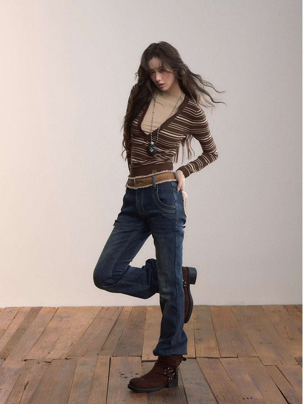 Color-Blocked Stripe Crew Neck Long Sleeve Knit Top