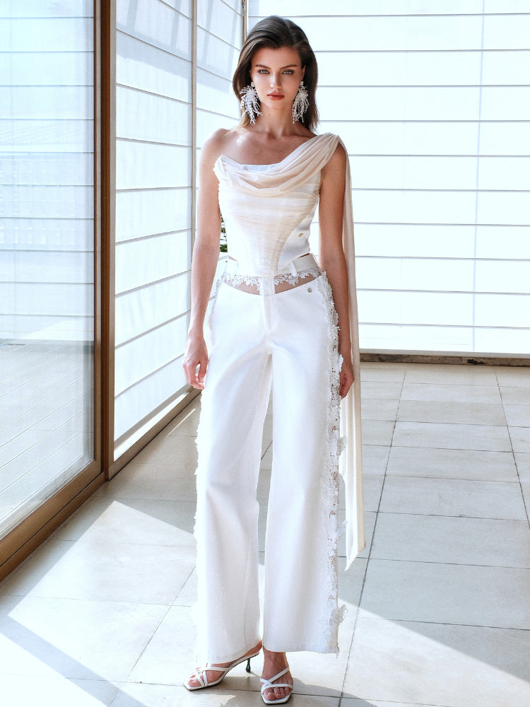 Off-Shoulder Floating Strap Cowl Neck Boned Crop Top