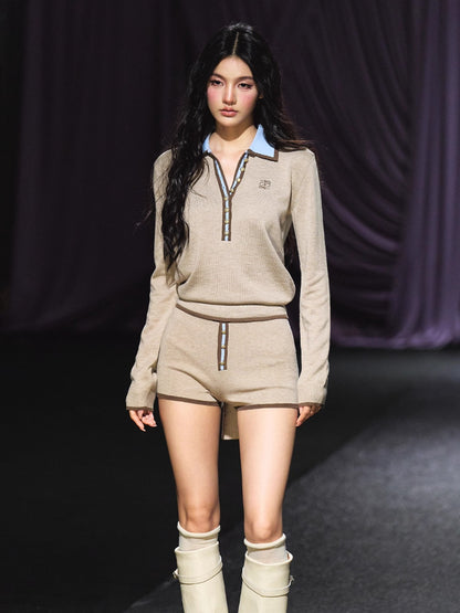 Contrast Tie-Neck Polo Knit Set