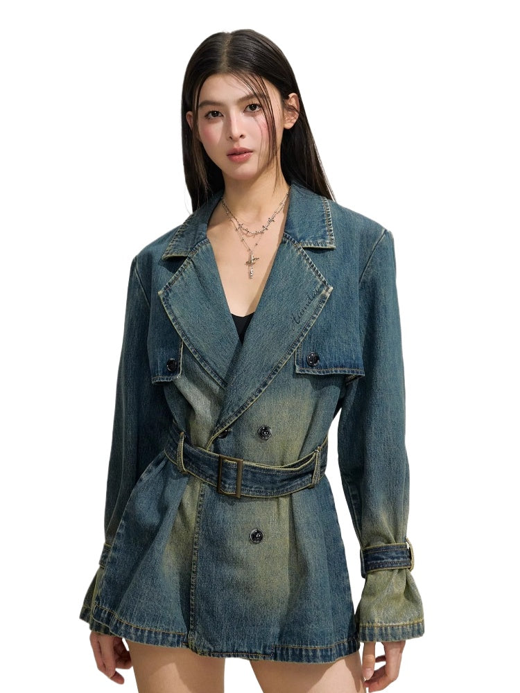 Double-Breasted Loose Denim Trench Coat