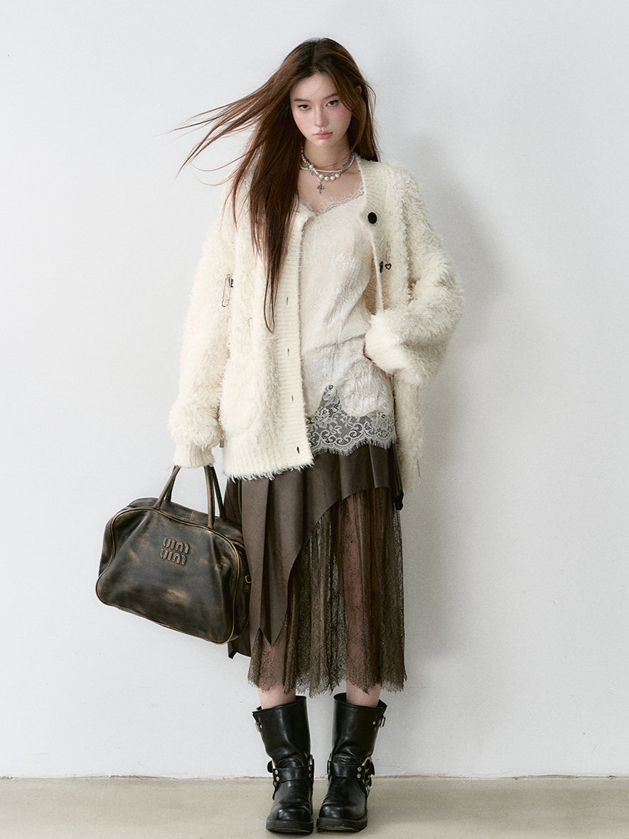 Coffee &amp; Black Lace-paneled PU Leather Skirt