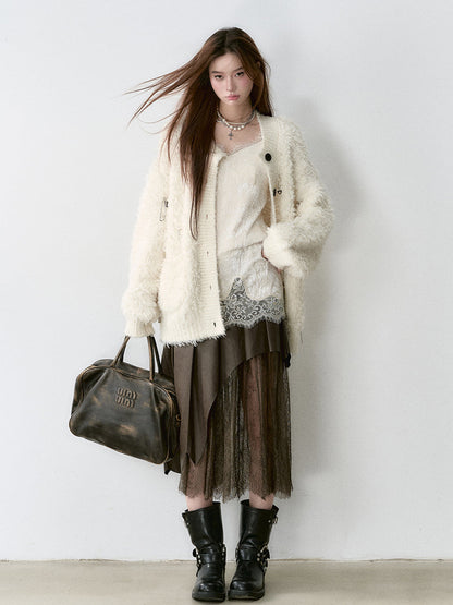 Coffee &amp; Black Lace-paneled PU Leather Skirt