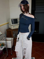 Rhinestone One-Shoulder Long-Sleeve T-Shirt