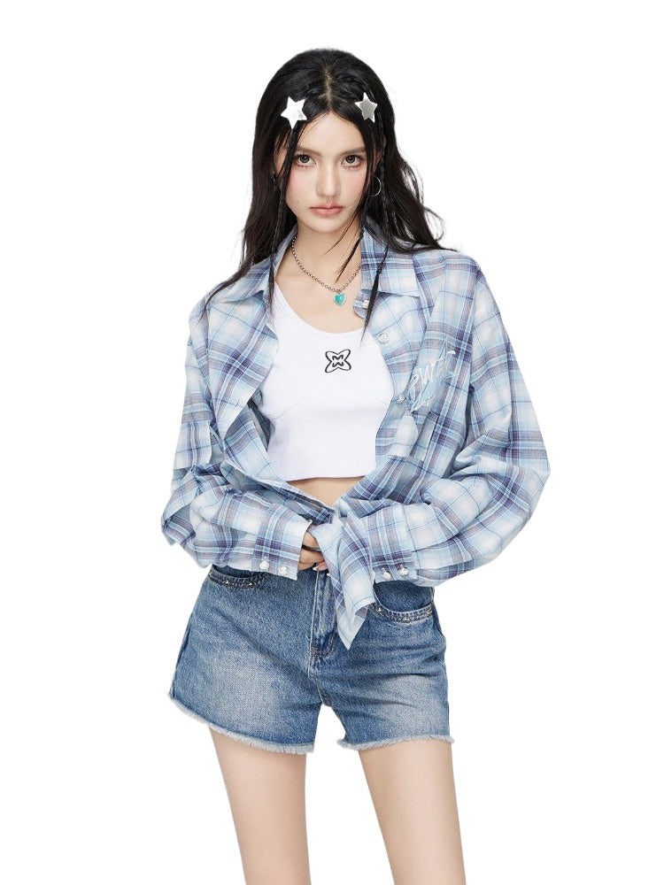 Blue Plaid Embroidered Sunscreen Shirt