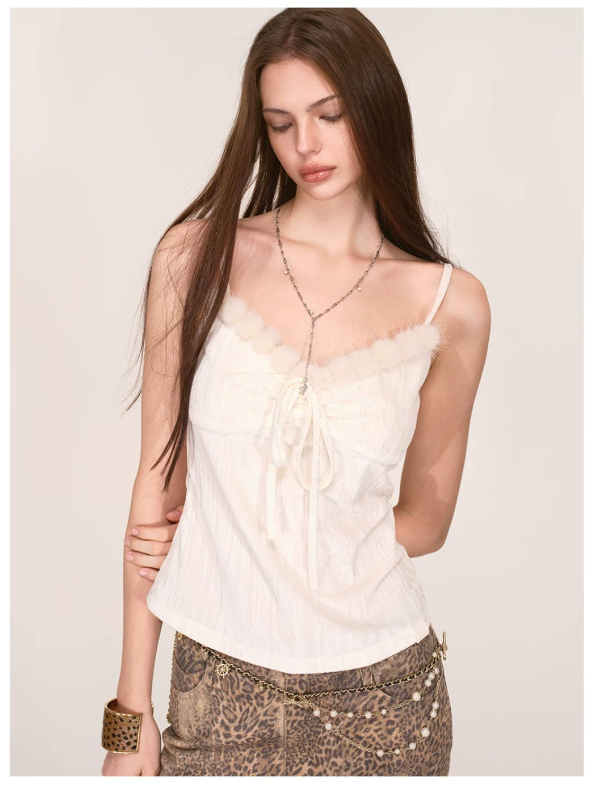 Velvet Fur-Trimmed Tie Front Camisole