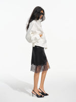 Asymmetric Lace Trim Satin Skirt