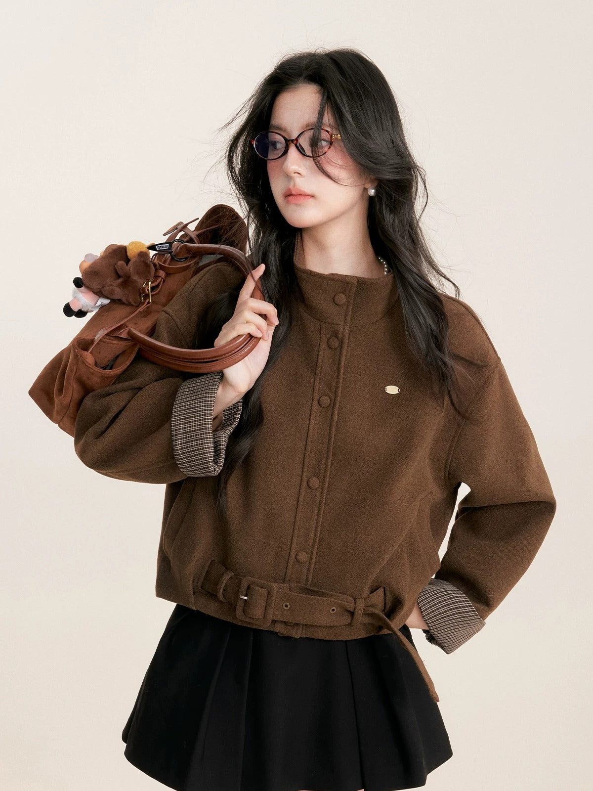 Plaid Trim Belted Coat