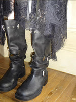 Distressed Stud Strap Mid-Calf Boots