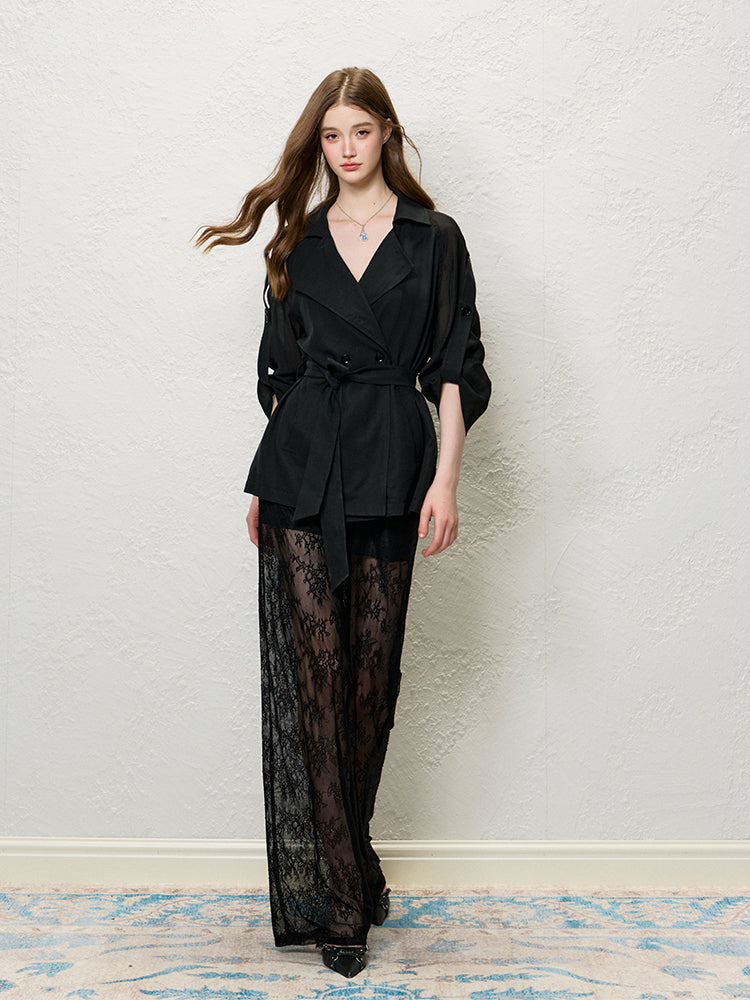 Black Lace Jacquard Wide-Leg Pants