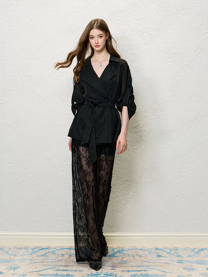 Black Lace Jacquard Wide-Leg Pants