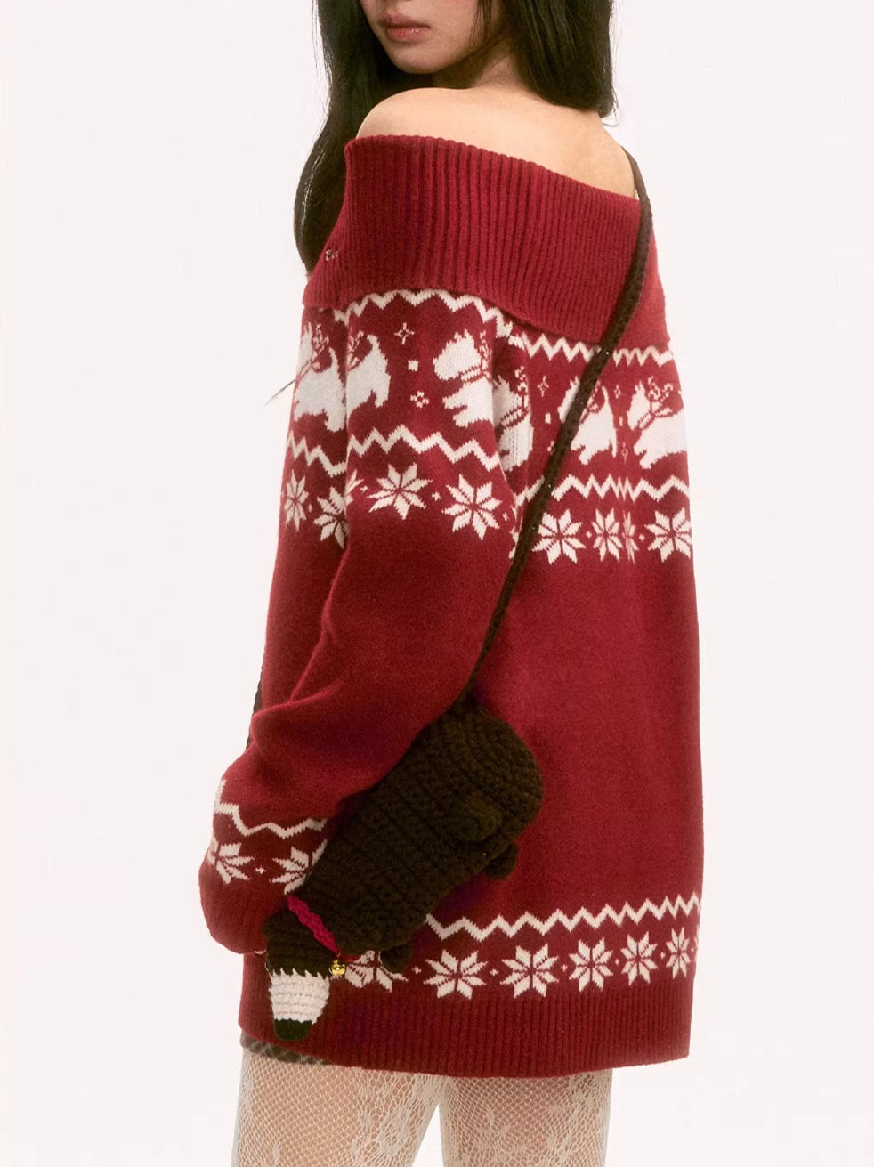 Red Fair Isle Off-Shoulder Knit Top