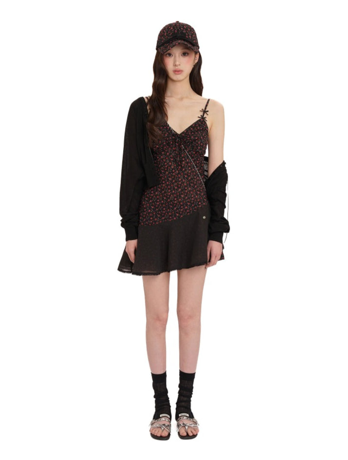 Plaid Floral Ribbon Bow Lace Trim Cami Dress