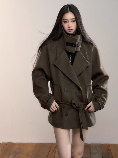 High-Neck Belted Wool Coat