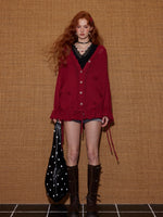 V-Neck Floral Tie Wool-Blend Knit Cardigan