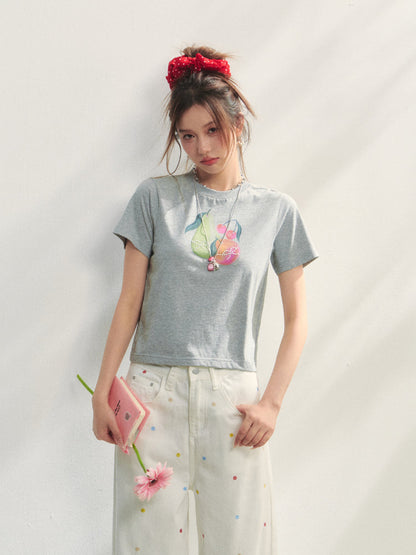 Printed Pearl-Decorated Short-Sleeve T-Shirt