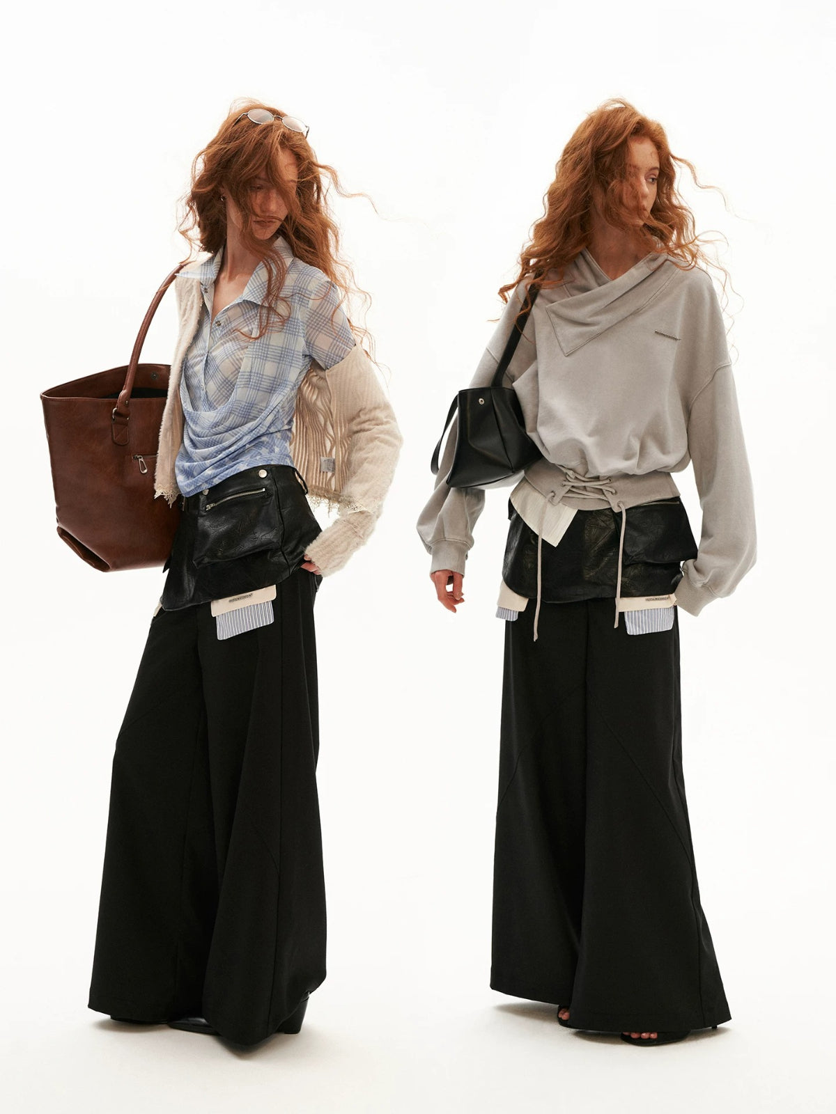 Structured Leather Waist Wide Leg Trousers