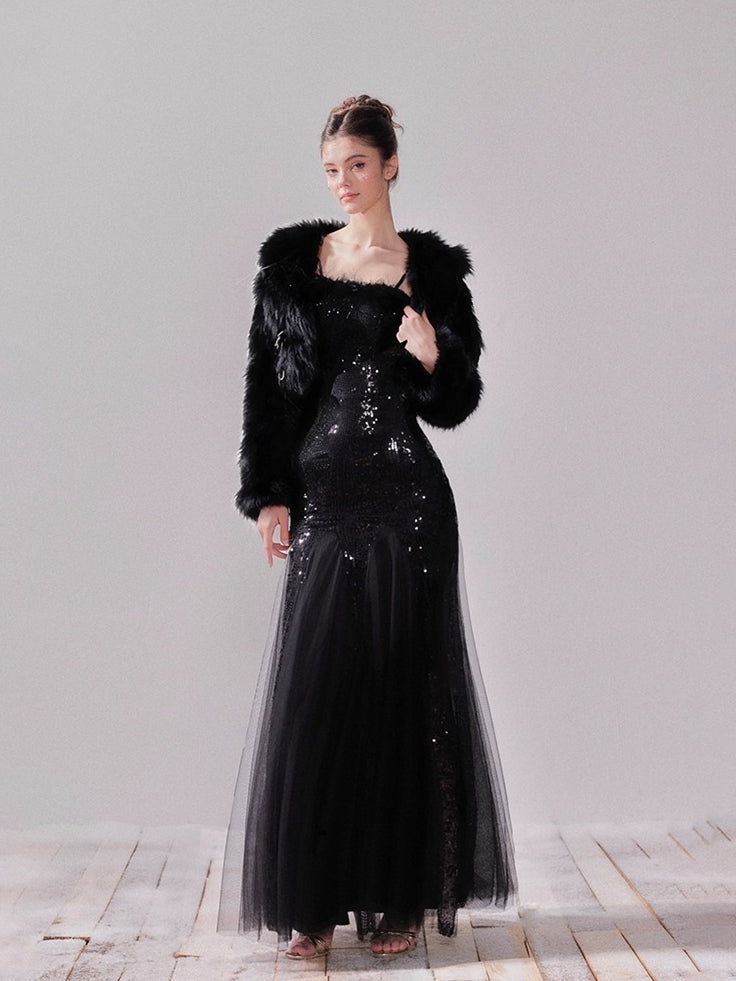 Sequin Mesh Fishtail Dress
