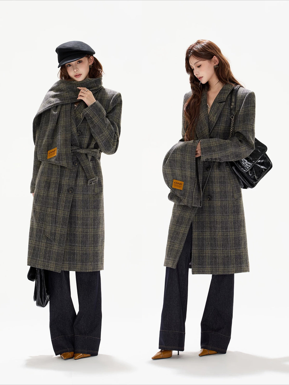 Gray Plaid Detachable Scarf Wool Coat