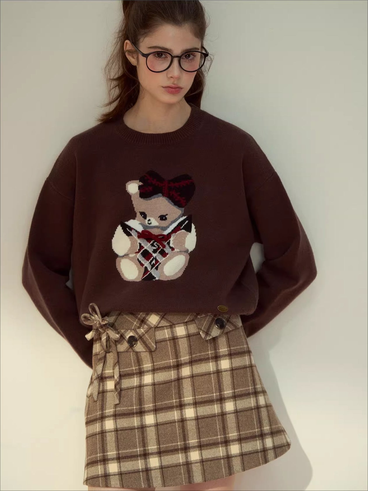 Pink &amp; Brown Plaid A-line Wool Skirt