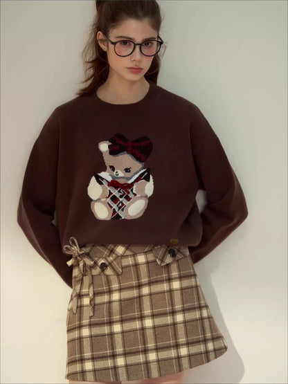 Pink &amp; Brown Plaid A-line Wool Skirt