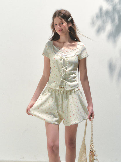 Sea Salt Flavor Printed Short-Sleeve Tie T-shirt &amp; Skirt Set