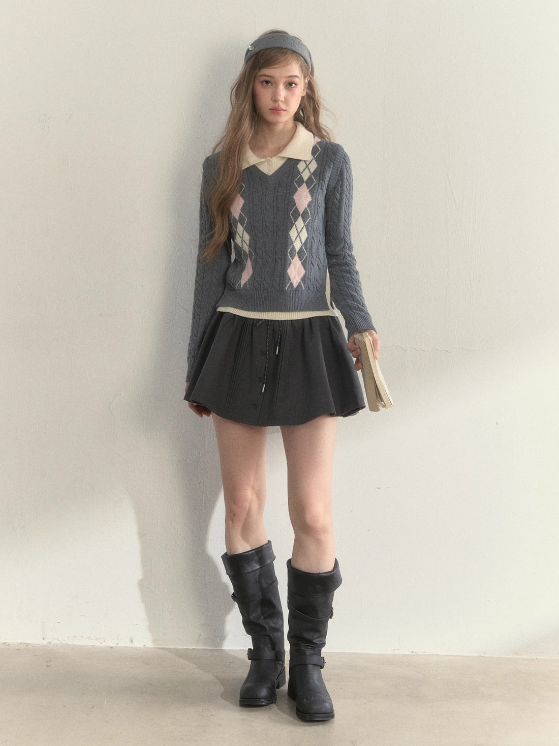 Argyle Cable Faux Two-Piece Sweater